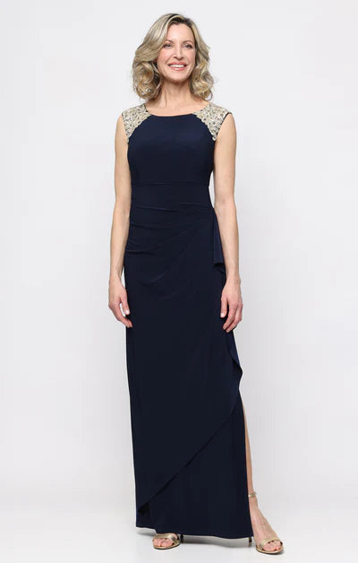 Sophisticated Sheath Boat Neck Sleeveless Lace Applique Zip Back Side Slit Maxi Mother Of The Bride Dress