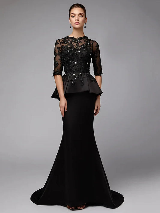 Sophisticated Lace Mermaid Boat Neck Half Sleeve Closed Back Floor-Length Mother of the Bride Dresses