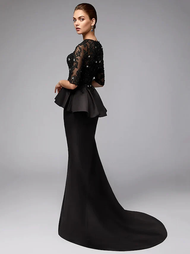 Sophisticated Lace Mermaid Boat Neck Half Sleeve Closed Back Floor-Length Mother of the Bride Dresses