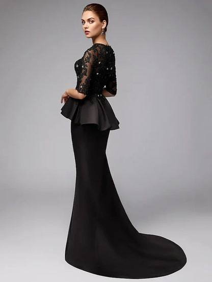Sophisticated Lace Mermaid Boat Neck Half Sleeve Closed Back Floor-Length Mother of the Bride Dresses