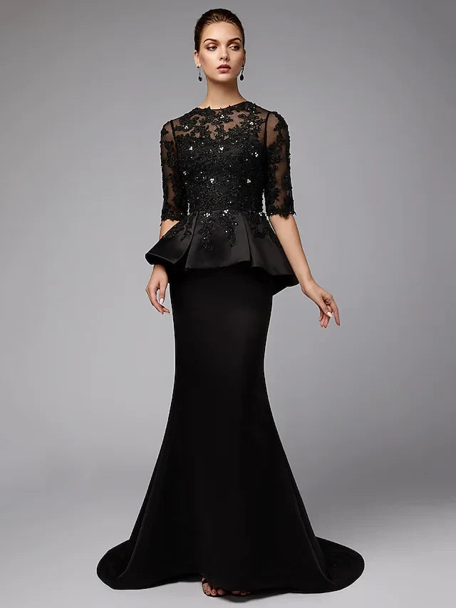 Sophisticated Lace Mermaid Boat Neck Half Sleeve Closed Back Floor-Length Mother of the Bride Dresses