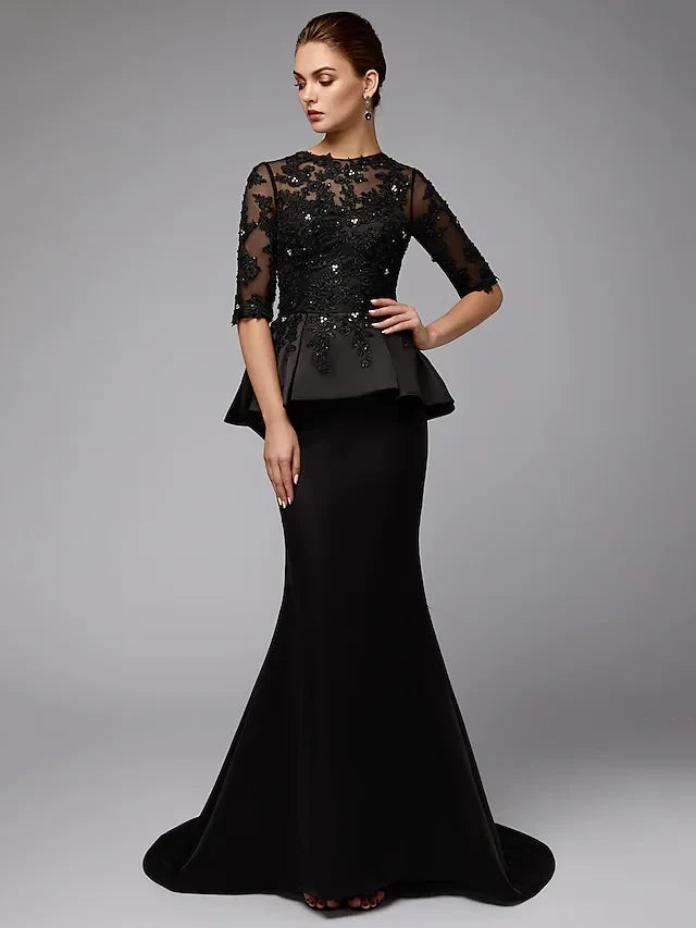 Sophisticated Lace Mermaid Boat Neck Half Sleeve Closed Back Floor-Length Mother of the Bride Dresses