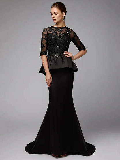 Sophisticated Lace Mermaid Boat Neck Half Sleeve Closed Back Floor-Length Mother of the Bride Dresses