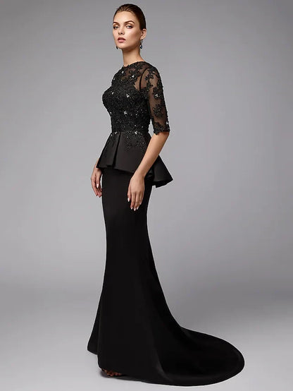 Sophisticated Lace Mermaid Boat Neck Half Sleeve Closed Back Floor-Length Mother of the Bride Dresses