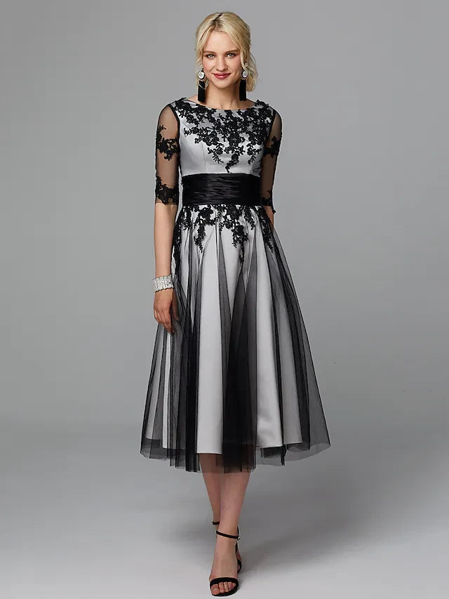 Sophisticated Lace Tulle A-Line With Sleeves Boat Neck Corset Back Midi Prom Dresses