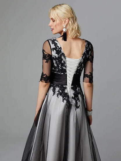 Sophisticated Lace Tulle A-Line With Sleeves Boat Neck Corset Back Midi Prom Dresses