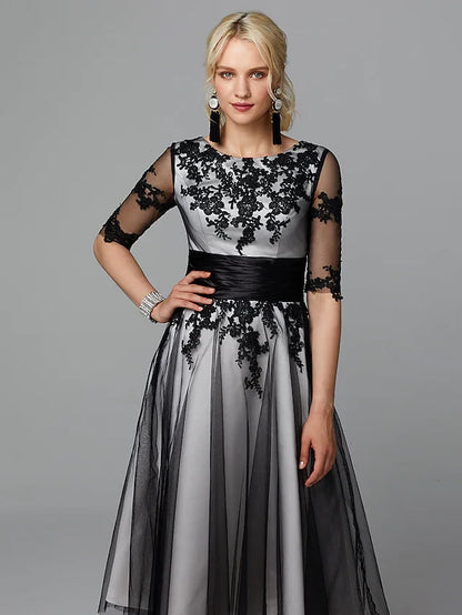Sophisticated Lace Tulle A-Line With Sleeves Boat Neck Corset Back Midi Prom Dresses