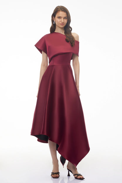 Sophisticated Satin A-Line Asymmetrical One-Shoulder Cap Sleeve Burgundy Midi Evening Dress