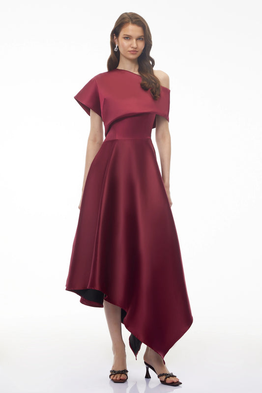 Sophisticated Satin A-Line Asymmetrical One-Shoulder Cap Sleeve Burgundy Midi Evening Dress