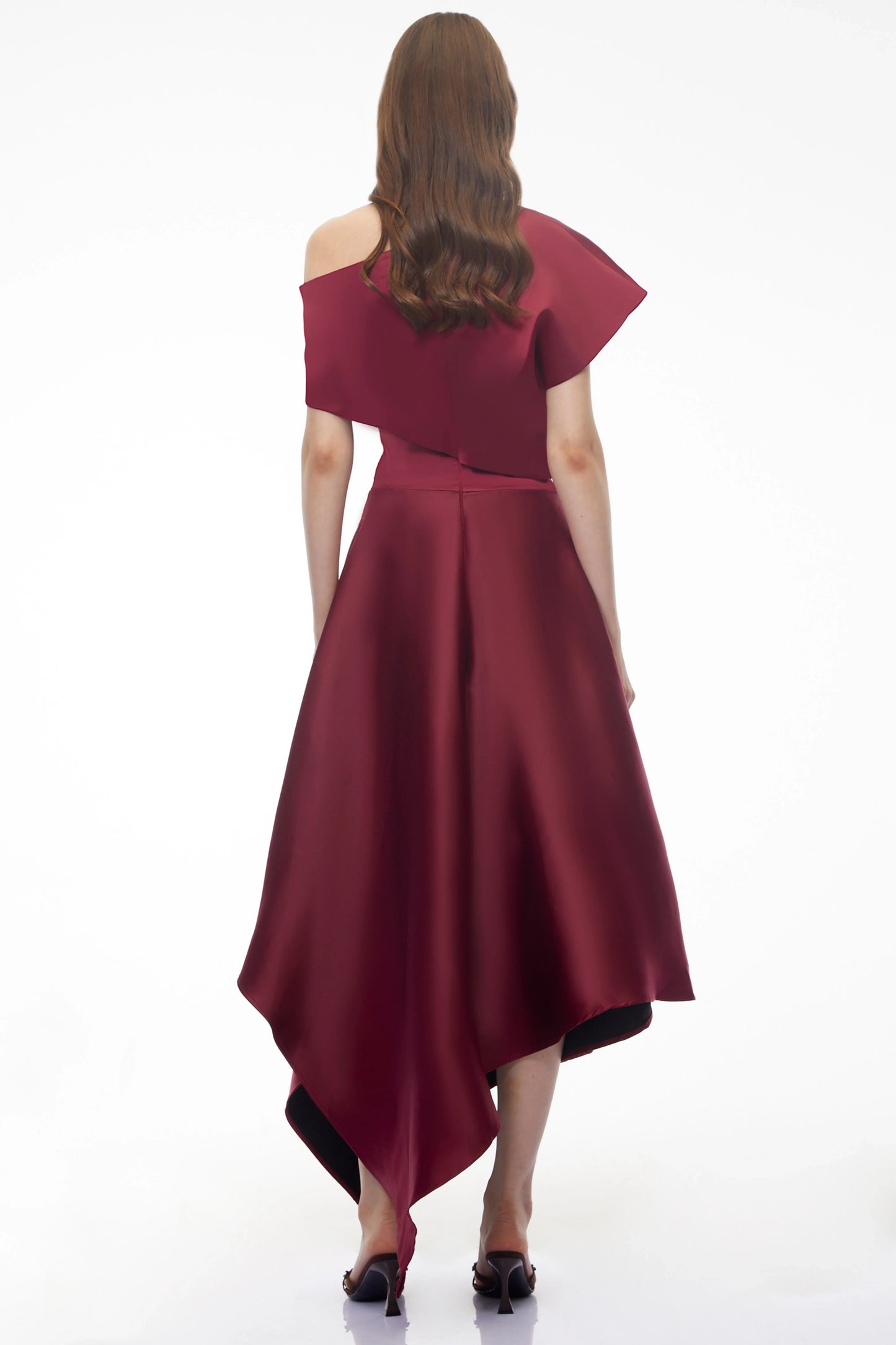 Sophisticated Satin A-Line Asymmetrical One-Shoulder Cap Sleeve Burgundy Midi Evening Dress