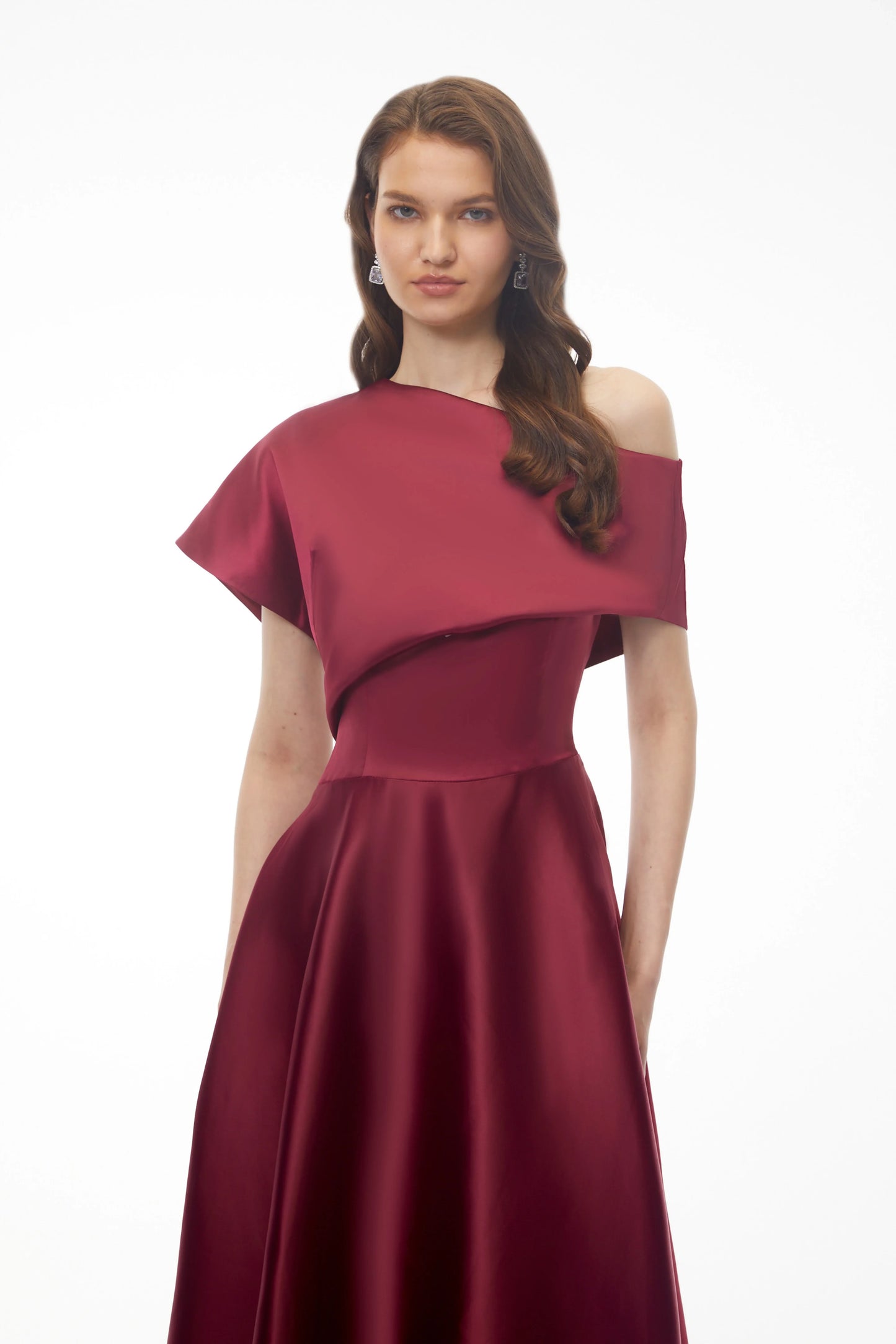 Sophisticated Satin A-Line Asymmetrical One-Shoulder Cap Sleeve Burgundy Midi Evening Dress