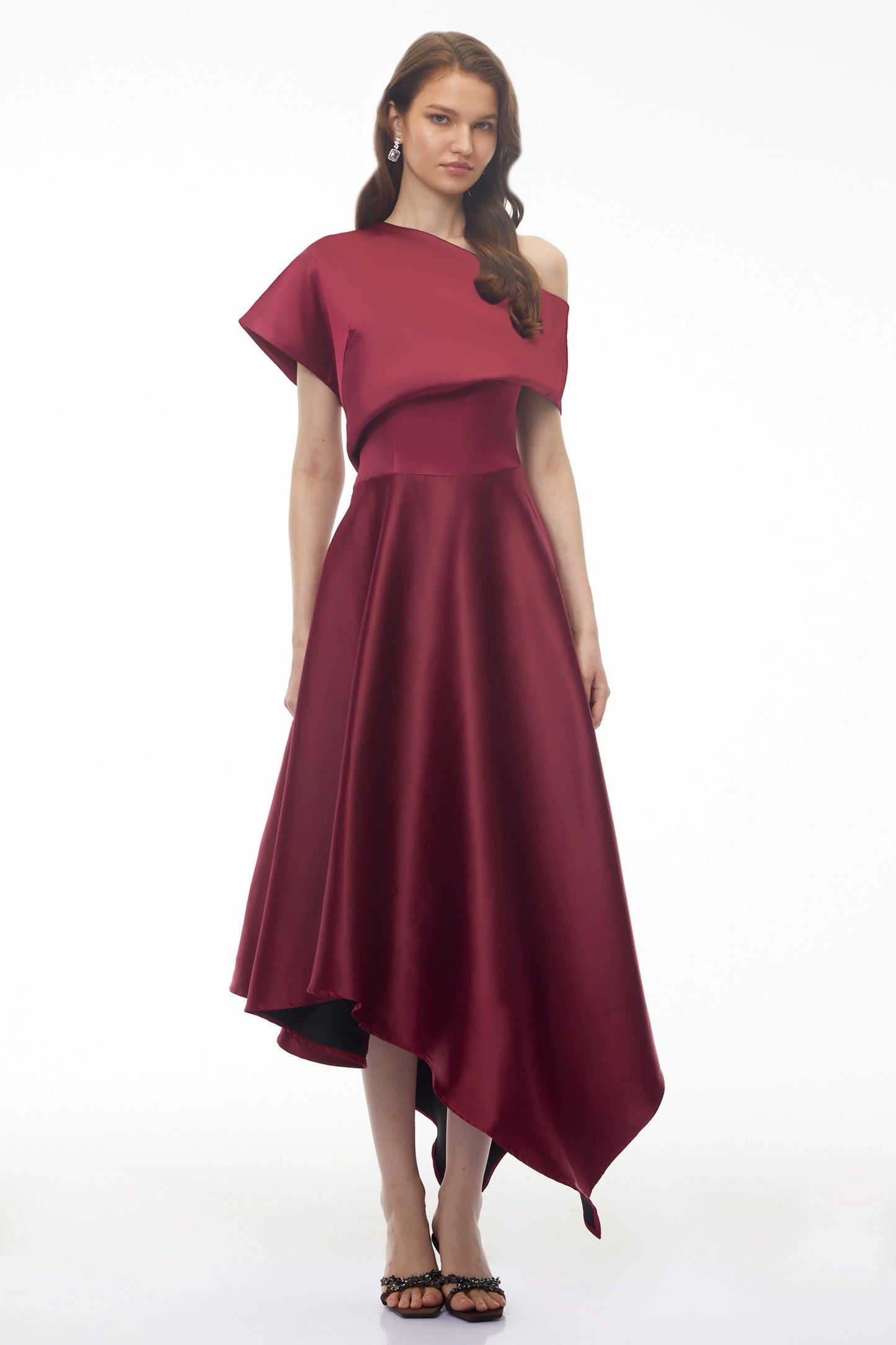 Sophisticated Satin A-Line Asymmetrical One-Shoulder Cap Sleeve Burgundy Midi Evening Dress