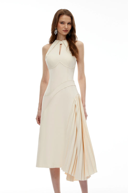 Sophisticated Satin A-Line Halter Keyhole Elegant Pleated Midi Evening Dress