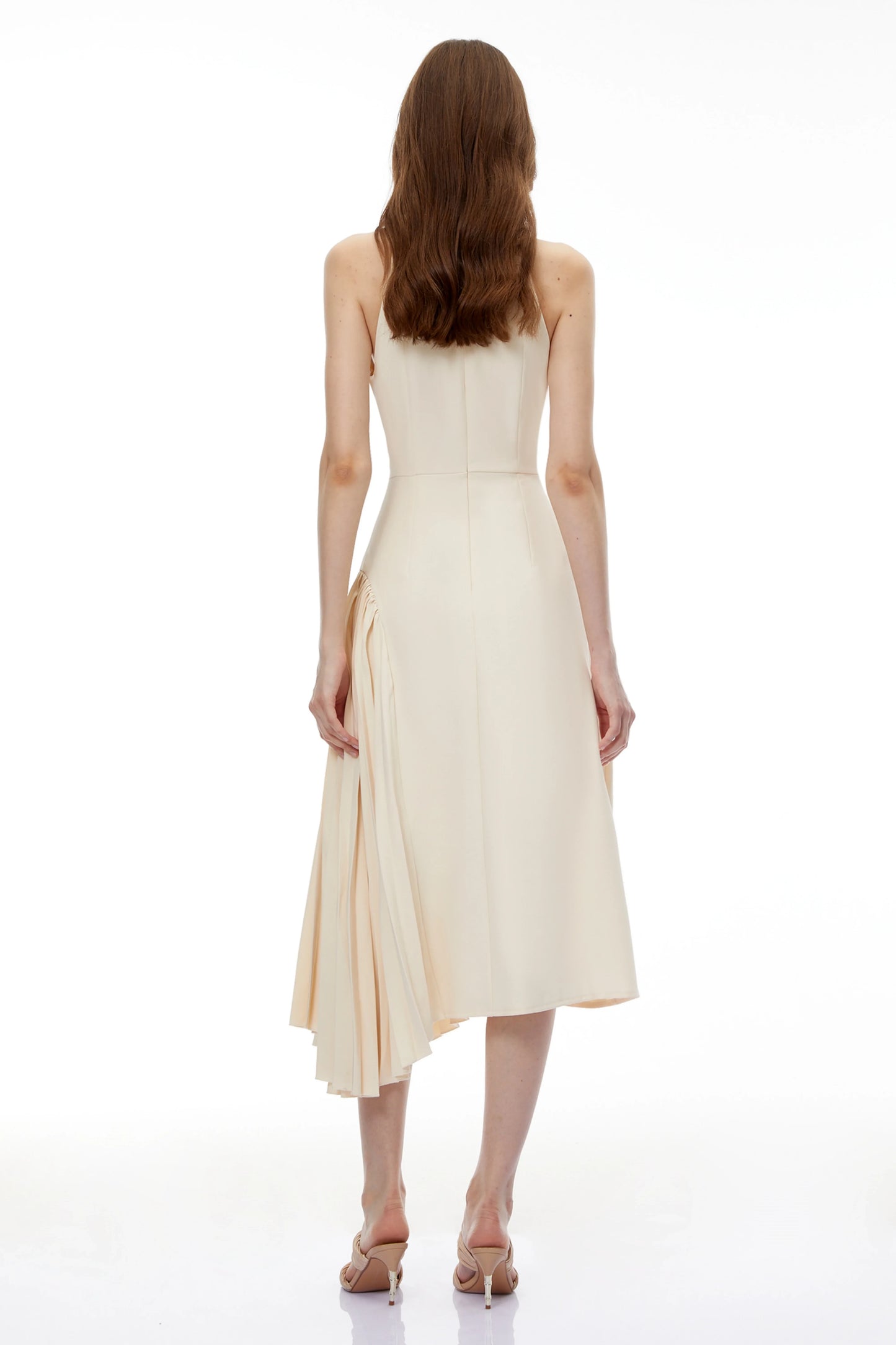 Sophisticated Satin A-Line Halter Keyhole Elegant Pleated Midi Evening Dress