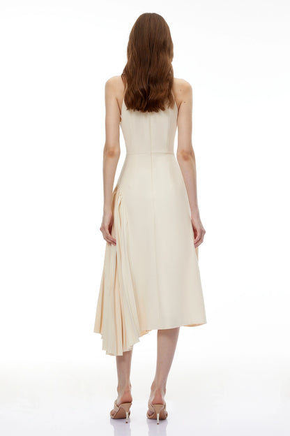 Sophisticated Satin A-Line Halter Keyhole Elegant Pleated Midi Evening Dress