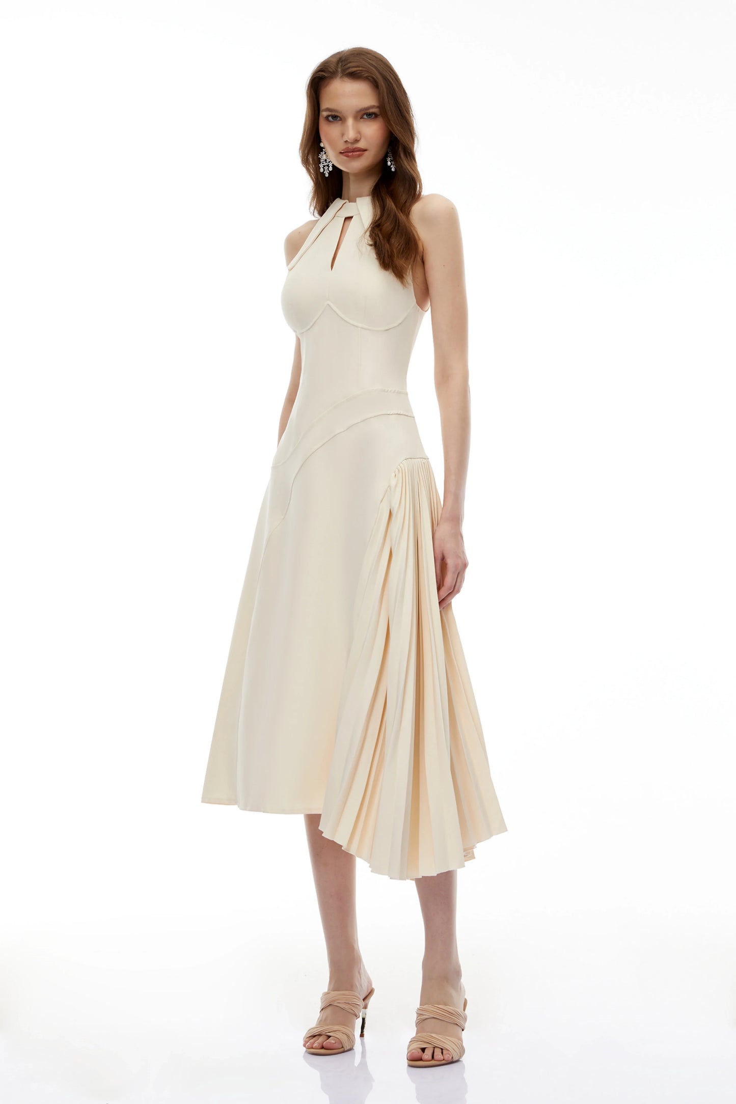 Sophisticated Satin A-Line Halter Keyhole Elegant Pleated Midi Evening Dress