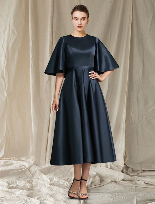 Sophisticated Satin A-Line Round Neck Cape Sleeve Covered Back Midi Mother of the Bride Dresses