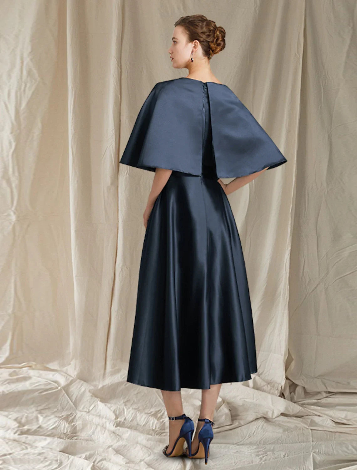 Sophisticated Satin A-Line Round Neck Cape Sleeve Covered Back Midi Mother of the Bride Dresses