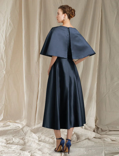 Sophisticated Satin A-Line Round Neck Cape Sleeve Covered Back Midi Mother of the Bride Dresses