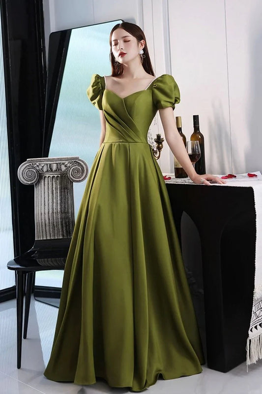 Sophisticated Satin A-Line Sweetheart V-Neck Puffy Short Sleeve Lace-Up Back Floor-Length Evening Dresses