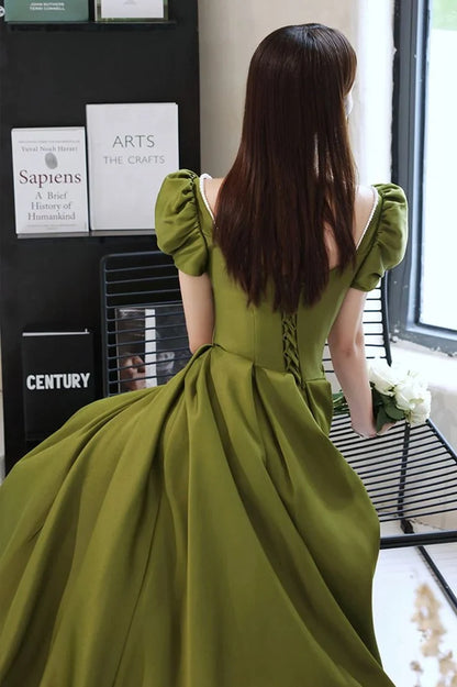 Sophisticated Satin A-Line Sweetheart V-Neck Puffy Short Sleeve Lace-Up Back Floor-Length Evening Dresses