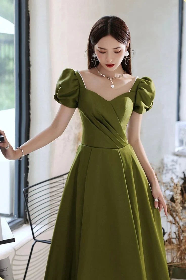 Sophisticated Satin A-Line Sweetheart V-Neck Puffy Short Sleeve Lace-Up Back Floor-Length Evening Dresses