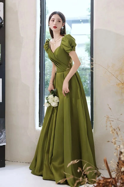 Sophisticated Satin A-Line Sweetheart V-Neck Puffy Short Sleeve Lace-Up Back Floor-Length Evening Dresses