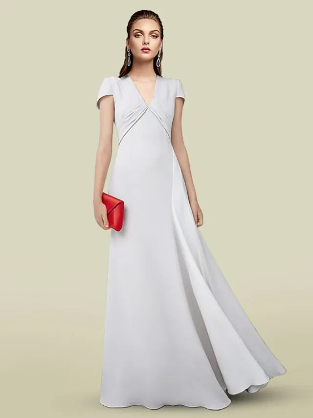 Sophisticated Satin A-Line V-Neck Cap Sleeve Zipper Back Floor-Length Mother of the Bride Dresses