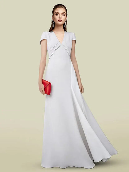 Sophisticated Satin A-Line V-Neck Cap Sleeve Zipper Back Floor-Length Mother of the Bride Dresses