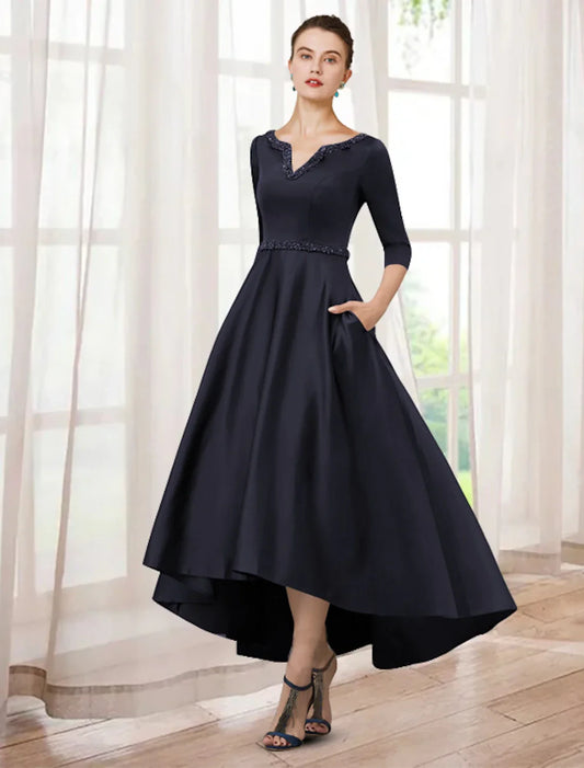 Sophisticated Satin A-Line V-Neck Three-Quarter Sleeve Closed Back High-Low Mother of the Bride Dresses