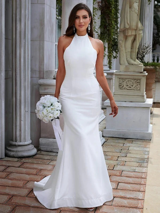 Sophisticated Satin Mermaid Halter Neck Open Back Floor-Length White Wedding Dress