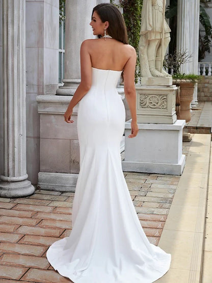 Sophisticated Satin Mermaid Halter Neck Open Back Floor-Length White Wedding Dress