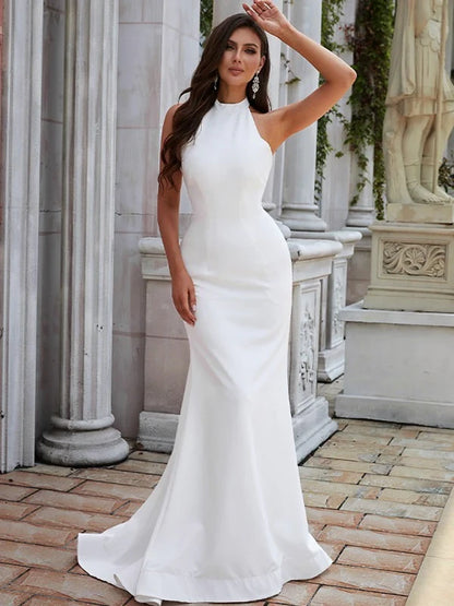 Sophisticated Satin Mermaid Halter Neck Open Back Floor-Length White Wedding Dress