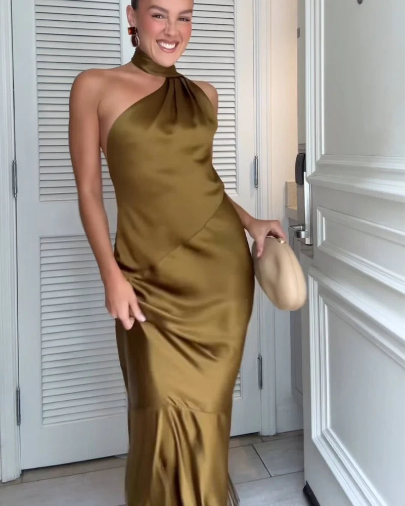 Sophisticated Satin Mermaid Halter Sleeveless Open Back Floor-Length Prom Dresses