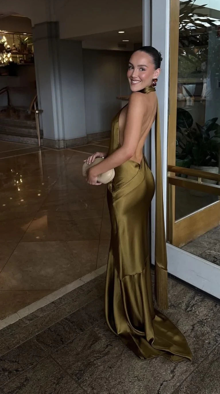 Sophisticated Satin Mermaid Halter Sleeveless Open Back Floor-Length Prom Dresses