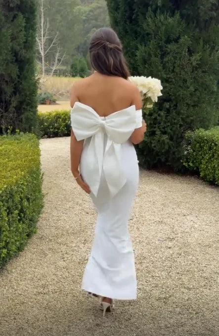 Sophisticated Satin Mermaid Off-Shoulder Cap Sleeve Bow Back Floor-Length Evening Dresses