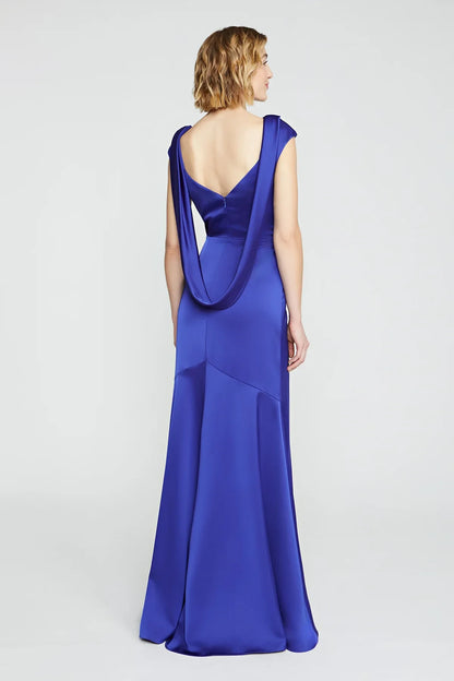 Sophisticated Satin Mermaid With Sleeves Boat Neck Draped Back Floor-Length Prom Dresses