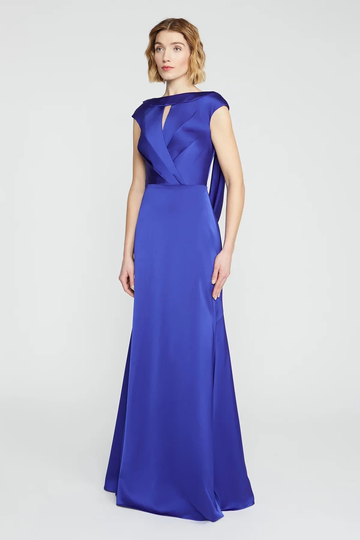 Sophisticated Satin Mermaid With Sleeves Boat Neck Draped Back Floor-Length Prom Dresses