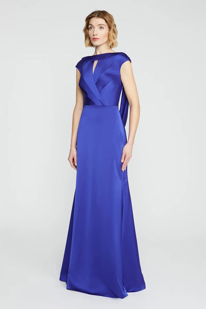 Sophisticated Satin Mermaid With Sleeves Boat Neck Draped Back Floor-Length Prom Dresses