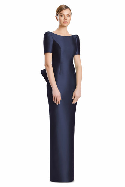 Sophisticated Satin Sheath Boat Neck Short Sleeve V-Back Bow Detail Floor-Length Mother of the Bride Dresses