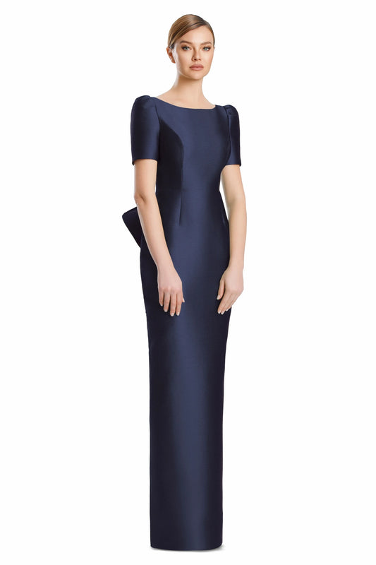 Sophisticated Satin Sheath Boat Neck Short Sleeve V-Back Bow Detail Floor-Length Mother of the Bride Dresses