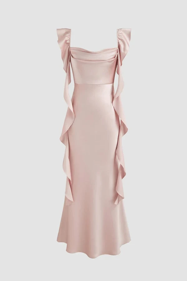 Sophisticated Satin Sheath Cowl Neck Ruffled Cap Sleeves Lace-Up Back Midi Length Evening Dresses