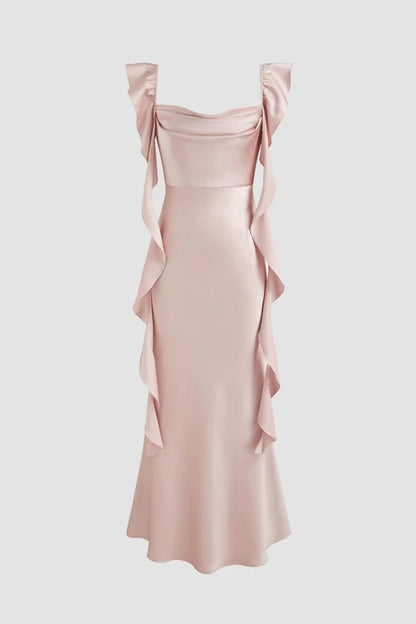 Sophisticated Satin Sheath Cowl Neck Ruffled Cap Sleeves Lace-Up Back Midi Length Evening Dresses