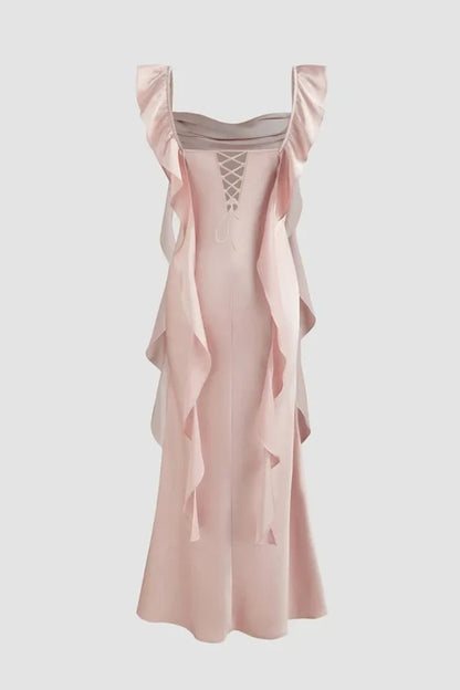 Sophisticated Satin Sheath Cowl Neck Ruffled Cap Sleeves Lace-Up Back Midi Length Evening Dresses
