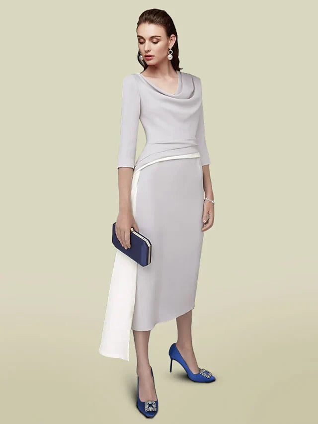 Sophisticated Satin Sheath Cowl Neck Three-Quarter Sleeve Plain Back Midi Mother of the Bride Dresses