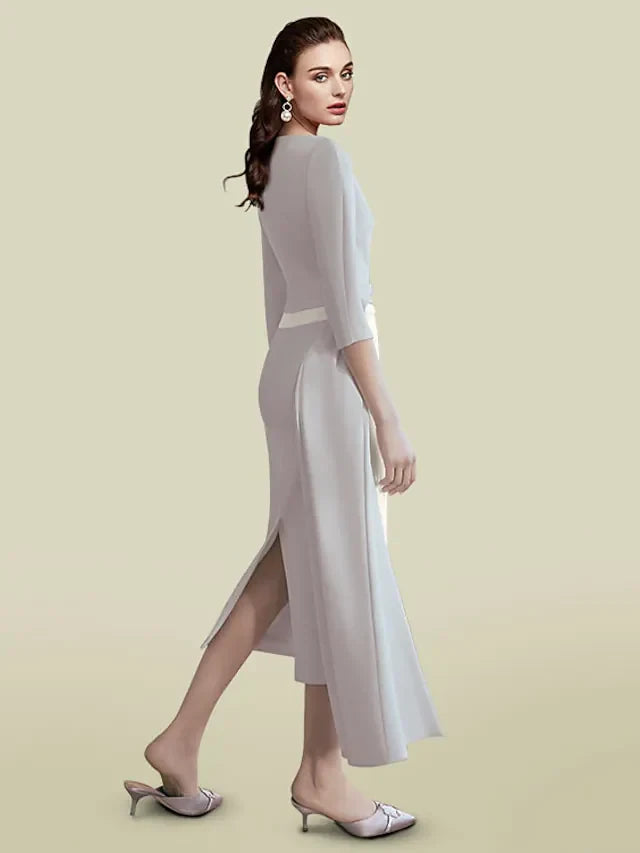 Sophisticated Satin Sheath Cowl Neck Three-Quarter Sleeve Plain Back Midi Mother of the Bride Dresses