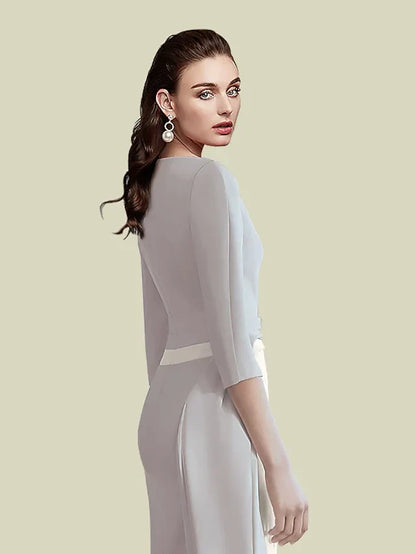 Sophisticated Satin Sheath Cowl Neck Three-Quarter Sleeve Plain Back Midi Mother of the Bride Dresses