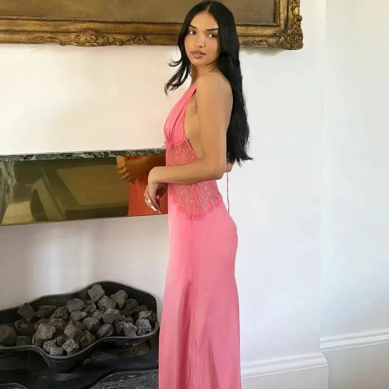 Sophisticated Satin Sheath Halter Deep V-neck Sleeveless Open Back Maxi Evening Dresses