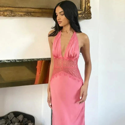 Sophisticated Satin Sheath Halter Deep V-neck Sleeveless Open Back Maxi Evening Dresses