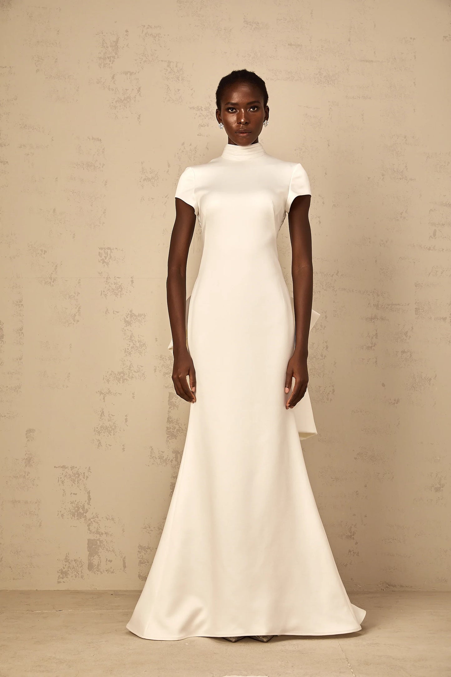 Sophisticated Satin Sheath High Neck Cap Sleeve Open Back Bow Detail Floor-Length Evening Dresses